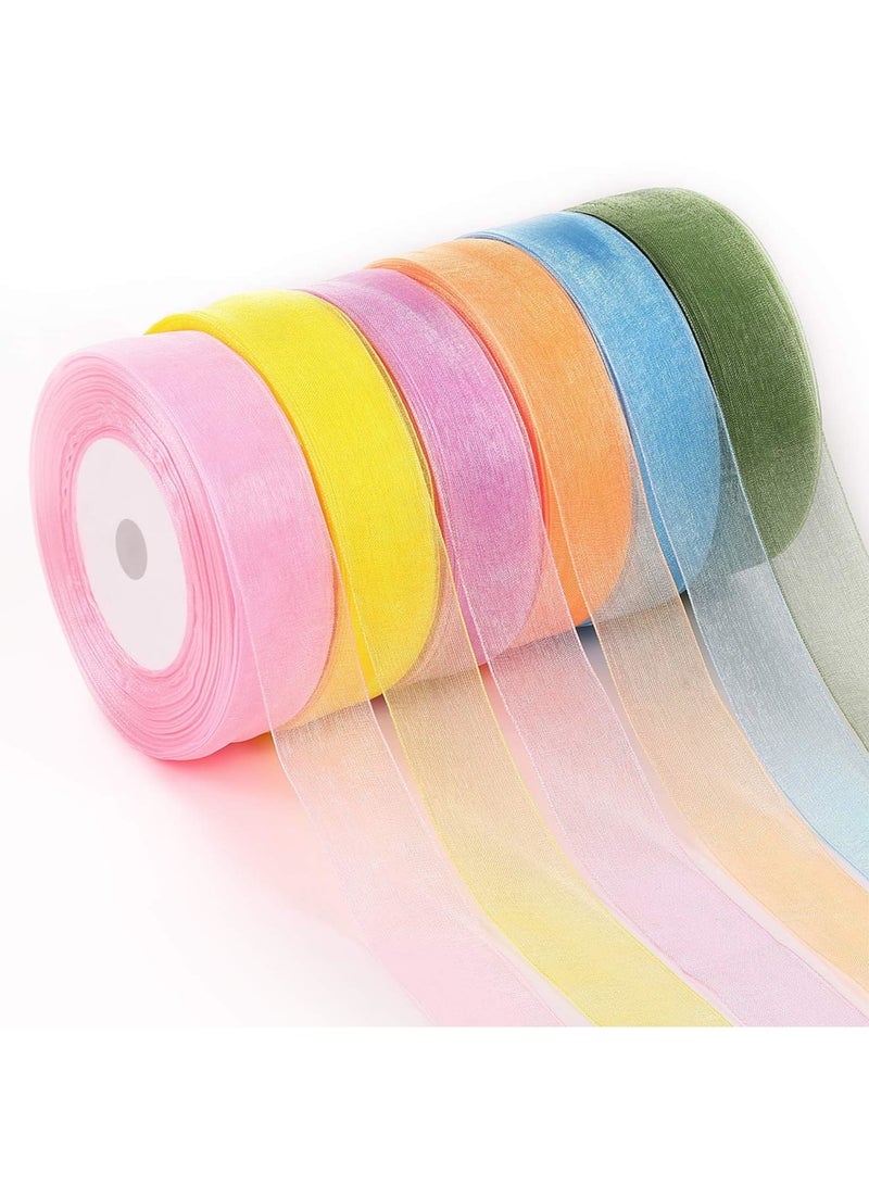 6 Rolls Organza Ribbon Sheer Chiffon Ribbon Set for Gift Wrapping, Wedding, Birthday, Craft, Valentine Decorations, Bouquet and Garland Making, 50 Yards Each Roll (Bright Color) - Image 1